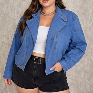 Vintage 80s Brittania Denim Moto Jacket Quilted Biker Blue Soft Jean XL Asym Zip